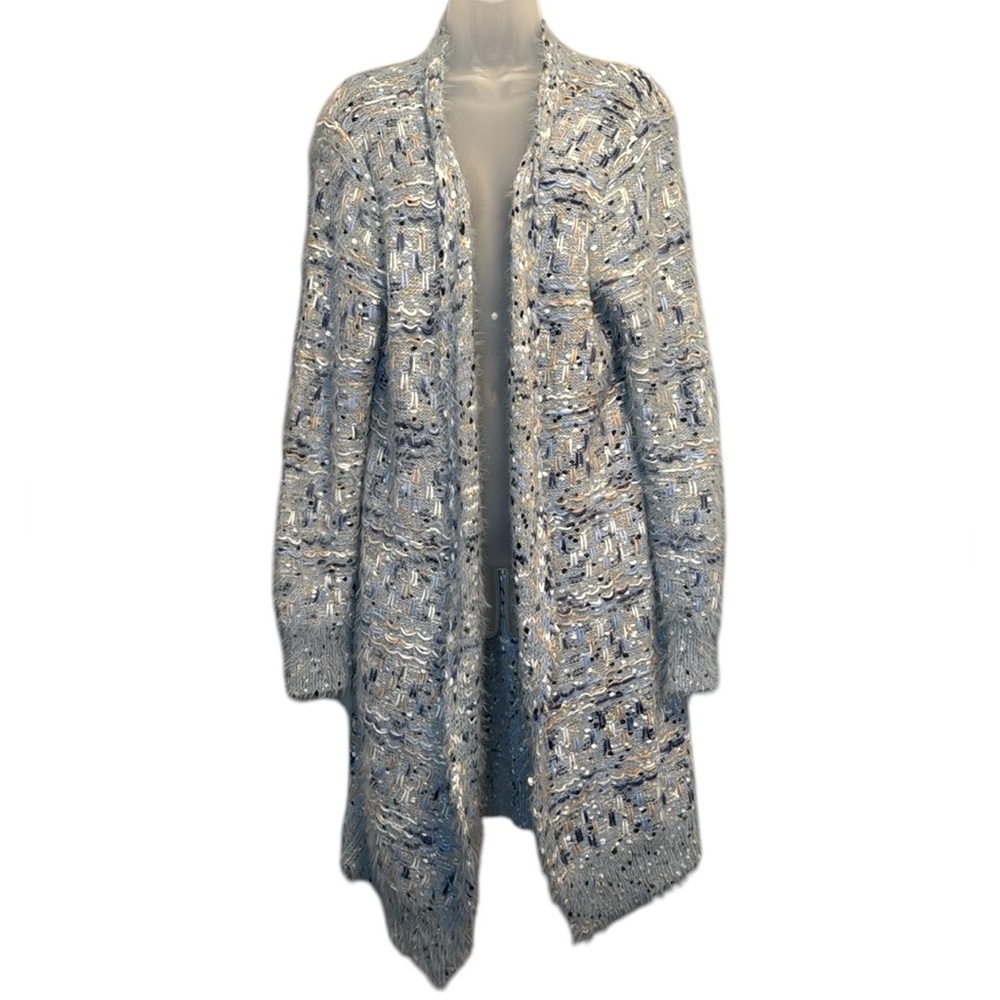 POL Soft Confetti Long Cardigan light blue white dark blue gold women’s medium